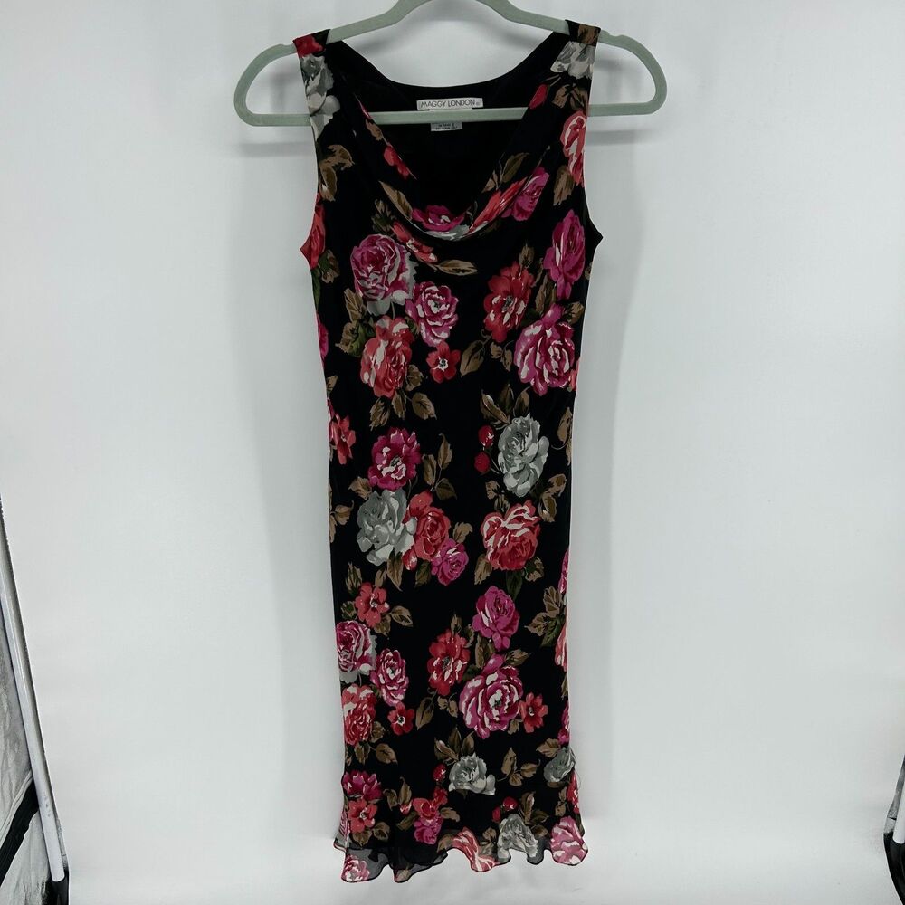 Vintage Maggy London Floral Silk Sheath Dress Women's 4 Black Red Bodycon Ruffle